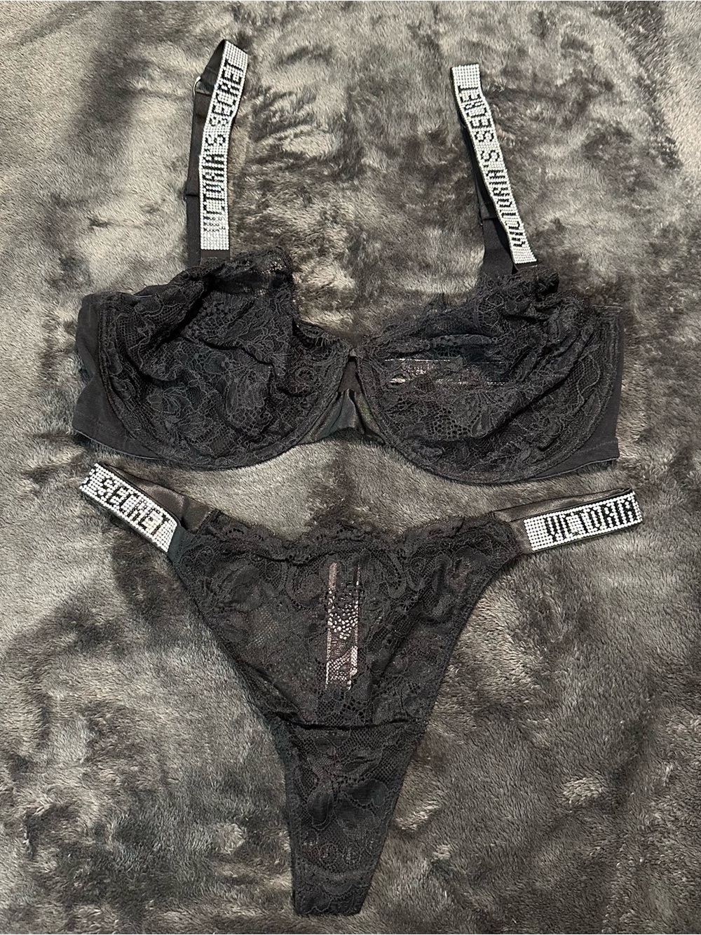 Victoria's Secret Black Lace Bra and Thong Set with Logo Straps